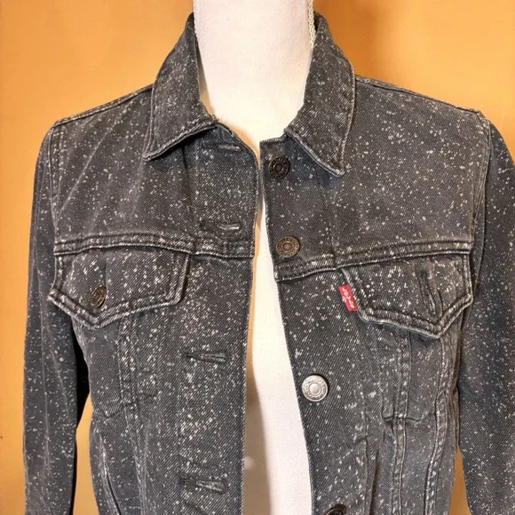 Levi's Black Splatter Denim Trucker Jacket Women's Size Small Acid Wash - Picture 3 of 8